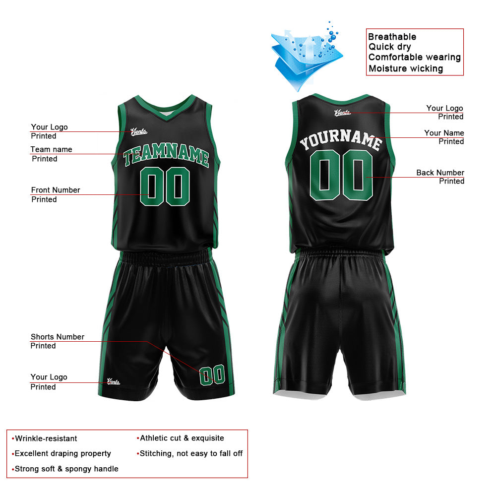 Uniforme de baloncesto personalizado en negro y verde con tu logotipo-nombre y número impresos