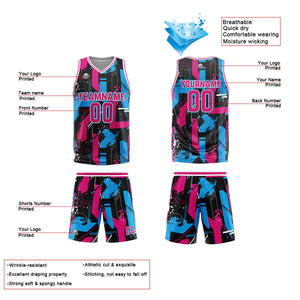Uniforme de baloncesto rosa y azul claro con diseño geométrico personalizado-estampado con tu logotipo-nombre y número