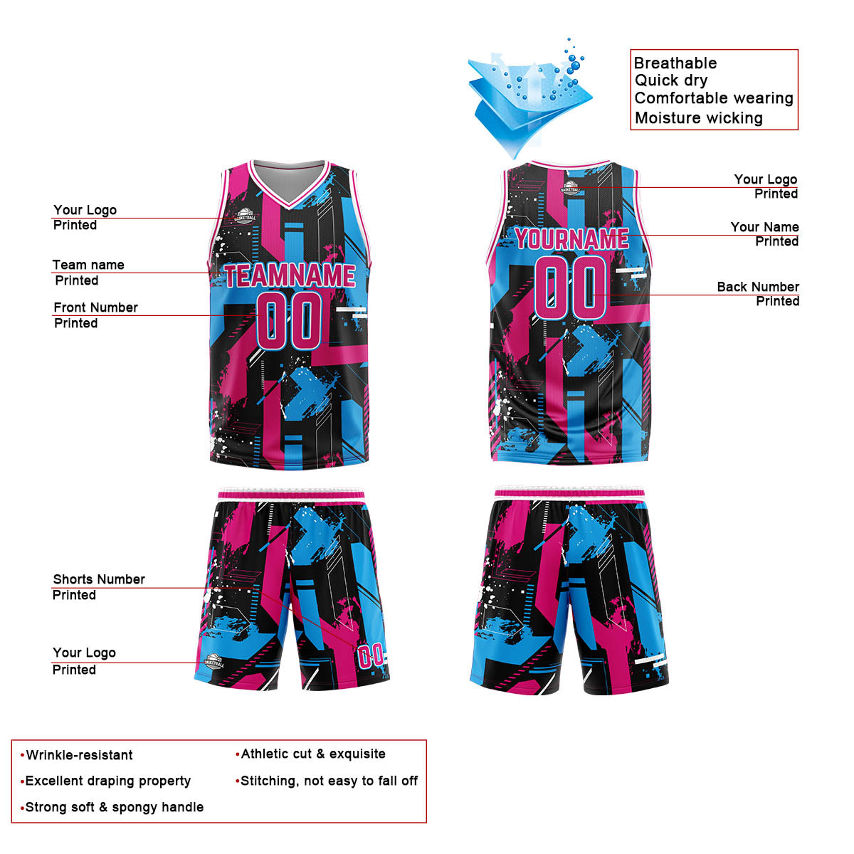 Uniforme de baloncesto rosa y azul claro con diseño geométrico personalizado-estampado con tu logotipo-nombre y número