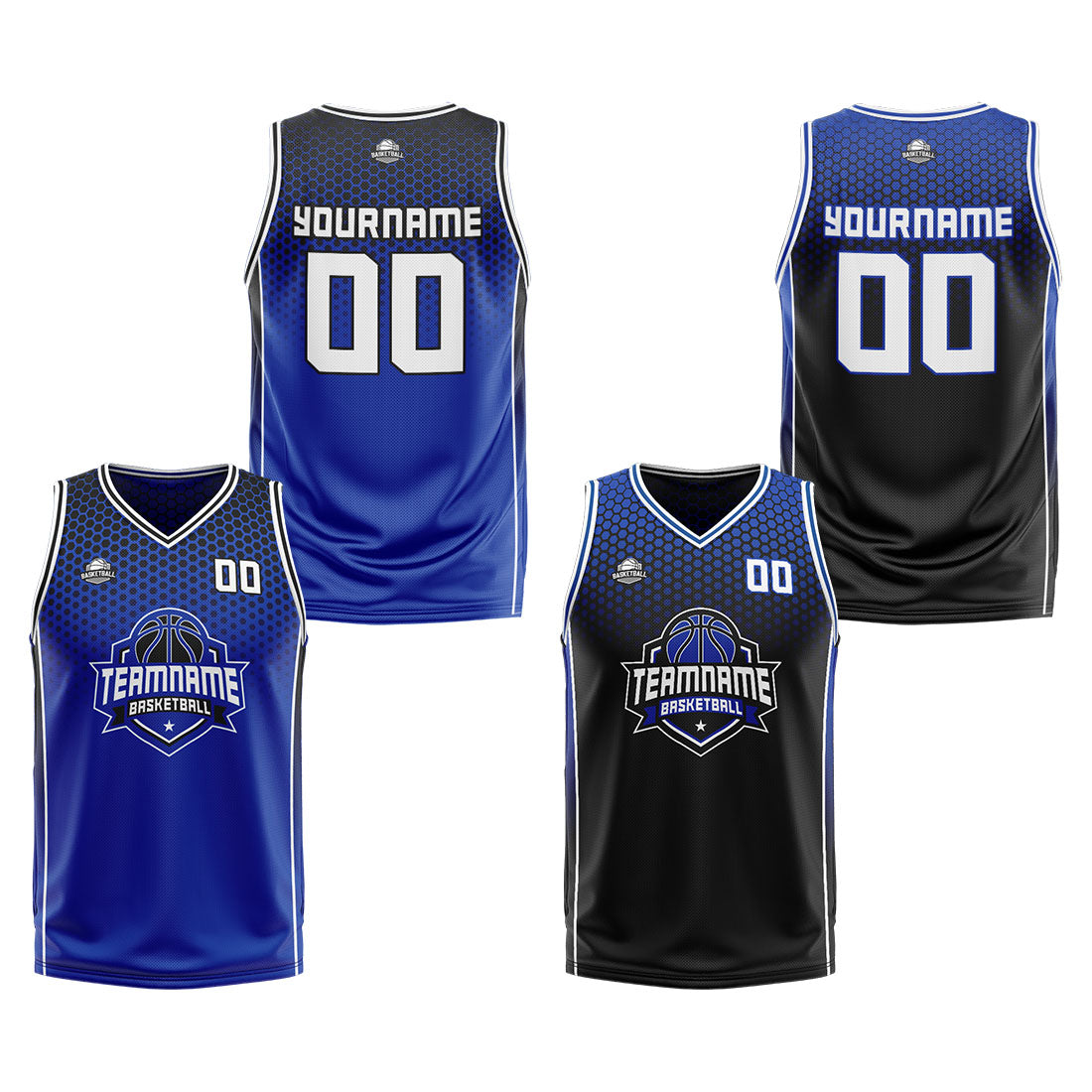 Traje de baloncesto reversible azul-negro y blanco personalizado para adultos y niños