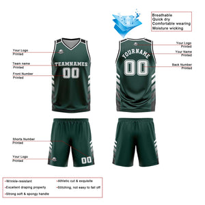 Traje de baloncesto reversible personalizado en verde oscuro-blanco y negro para adultos y niños