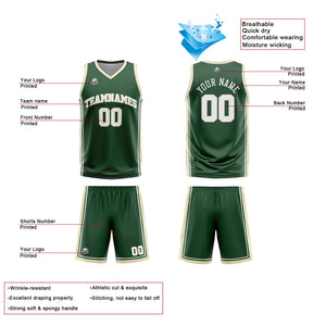 Traje de baloncesto reversible personalizado en verde oscuro-blanco y crema para adultos y niños