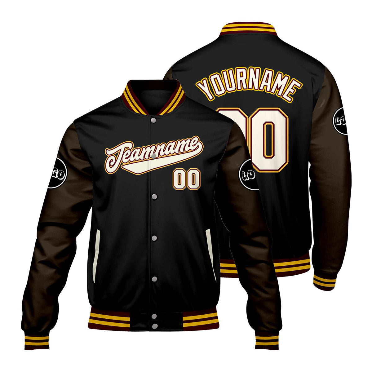 Chaquetas universitarias personalizadas en negro y marrón para hombres & mujeres y jóvenes & Chaquetas Letterman personalizadas