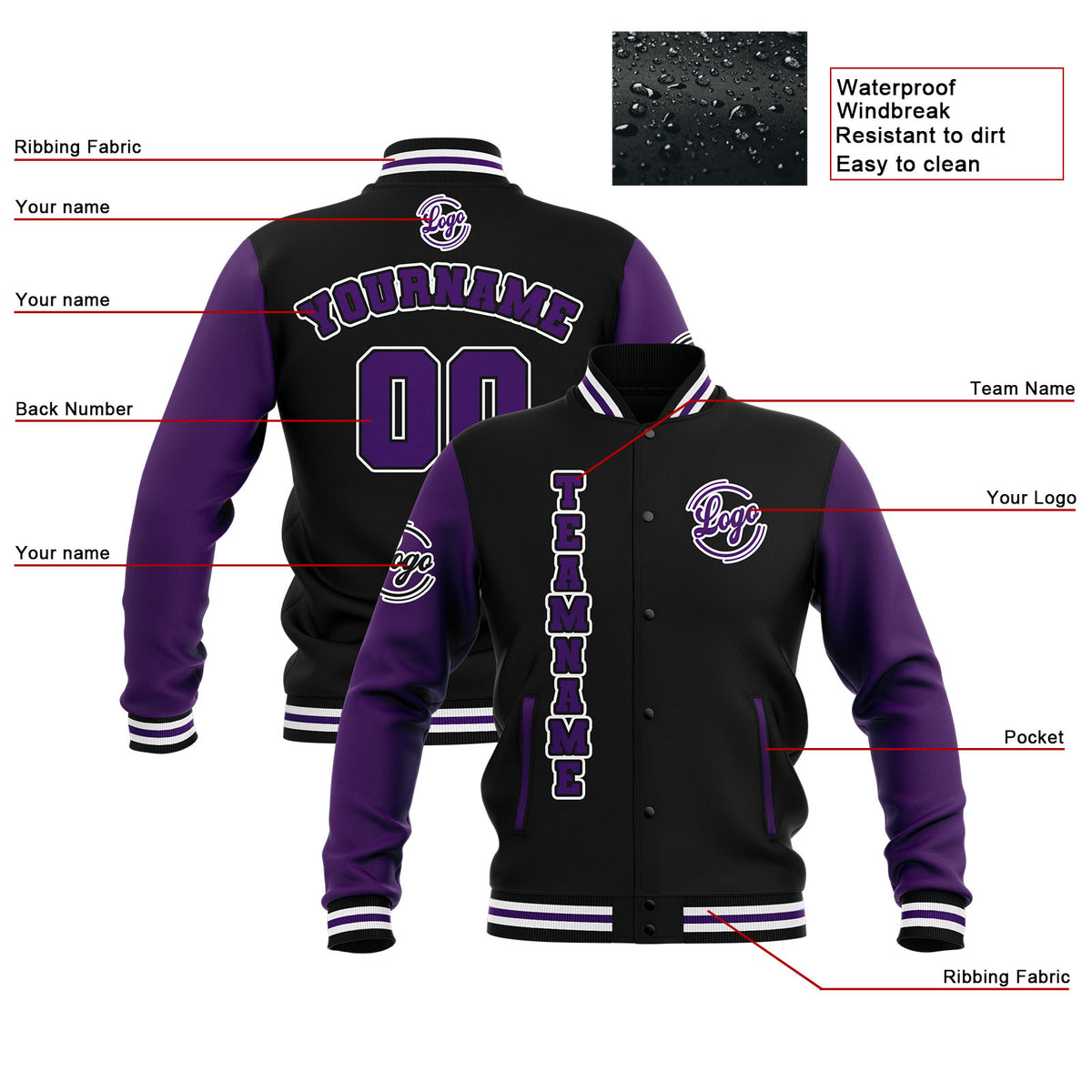 Chaquetas universitarias impermeables personalizadas en negro-morado y blanco con nombre-número y logotipo bordados