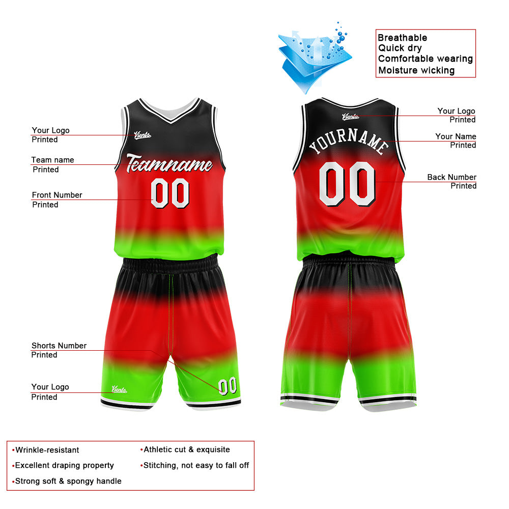 Uniforme de baloncesto personalizado con degradado rojo impreso con tu logotipo-nombre y número