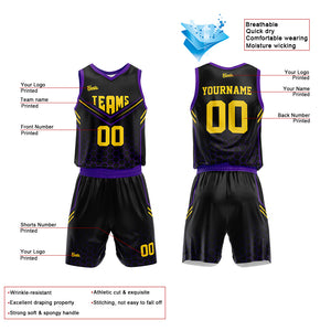 Uniforme de baloncesto personalizado en negro y morado con tu logotipo-nombre y número impresos