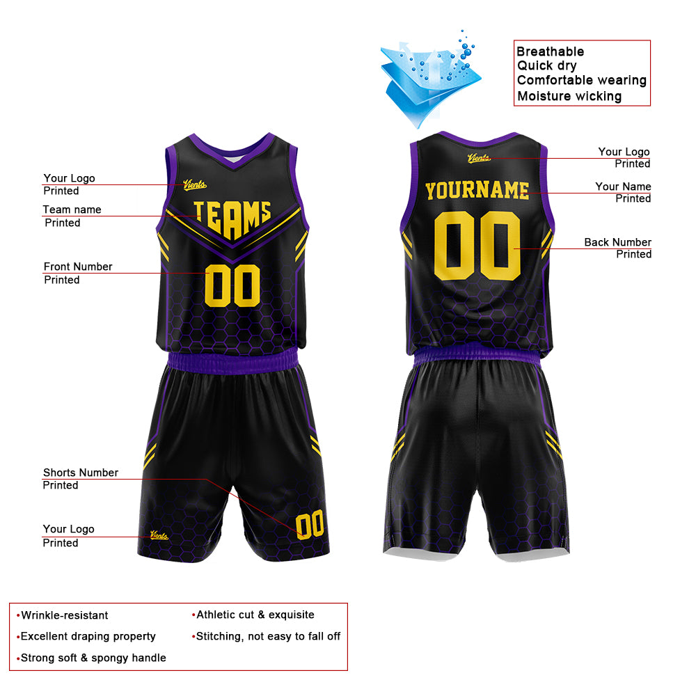 Uniforme de baloncesto personalizado en negro y morado con tu logotipo-nombre y número impresos