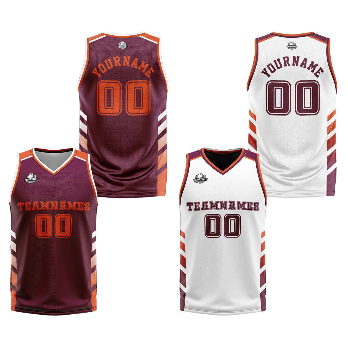 Traje de baloncesto reversible personalizado en burdeos-blanco y naranja para adultos y niños