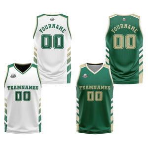 Traje de baloncesto reversible personalizado en blanco-verde cazador y beige para adultos y niños