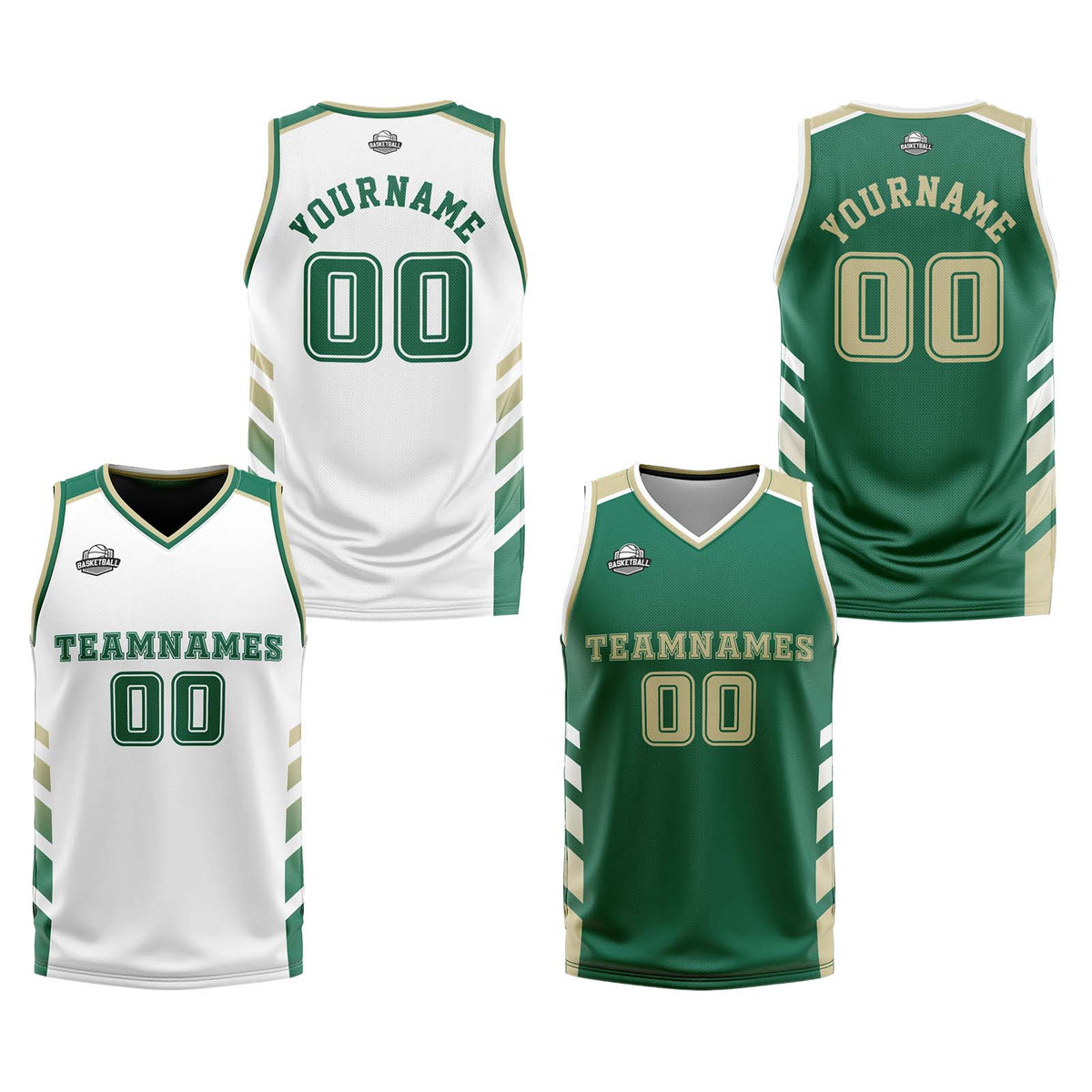 Traje de baloncesto reversible personalizado en blanco-verde cazador y beige para adultos y niños
