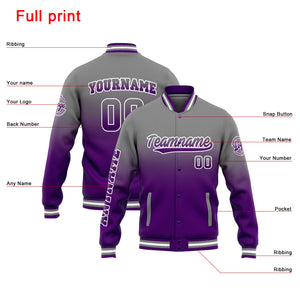 Chaqueta universitaria personalizada estilo Letterman para hombres-mujeres y jóvenes-color gris degradado morado
