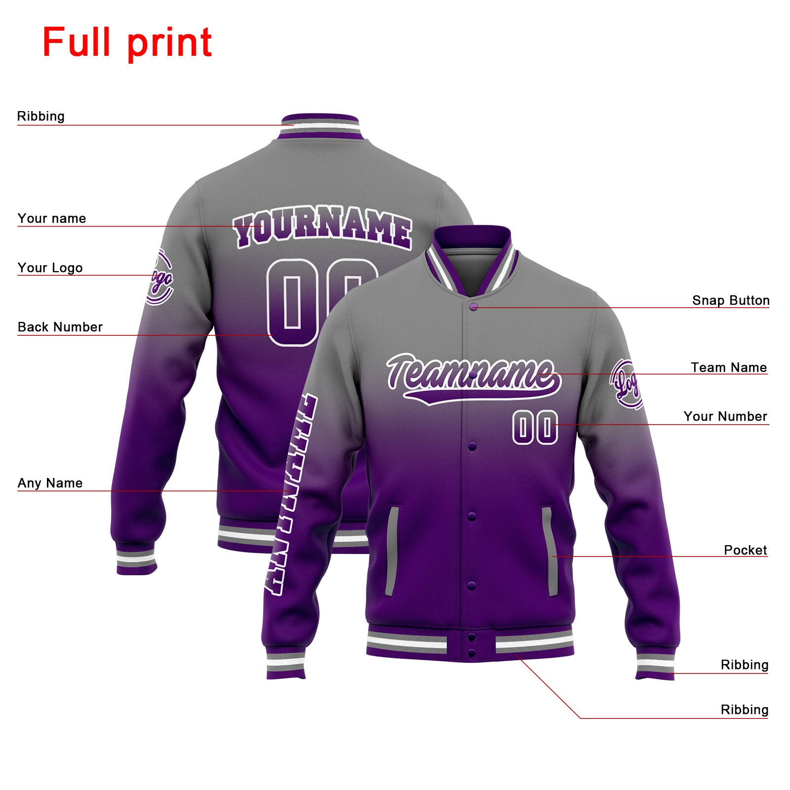 Chaqueta universitaria personalizada estilo Letterman para hombres-mujeres y jóvenes-color gris degradado morado