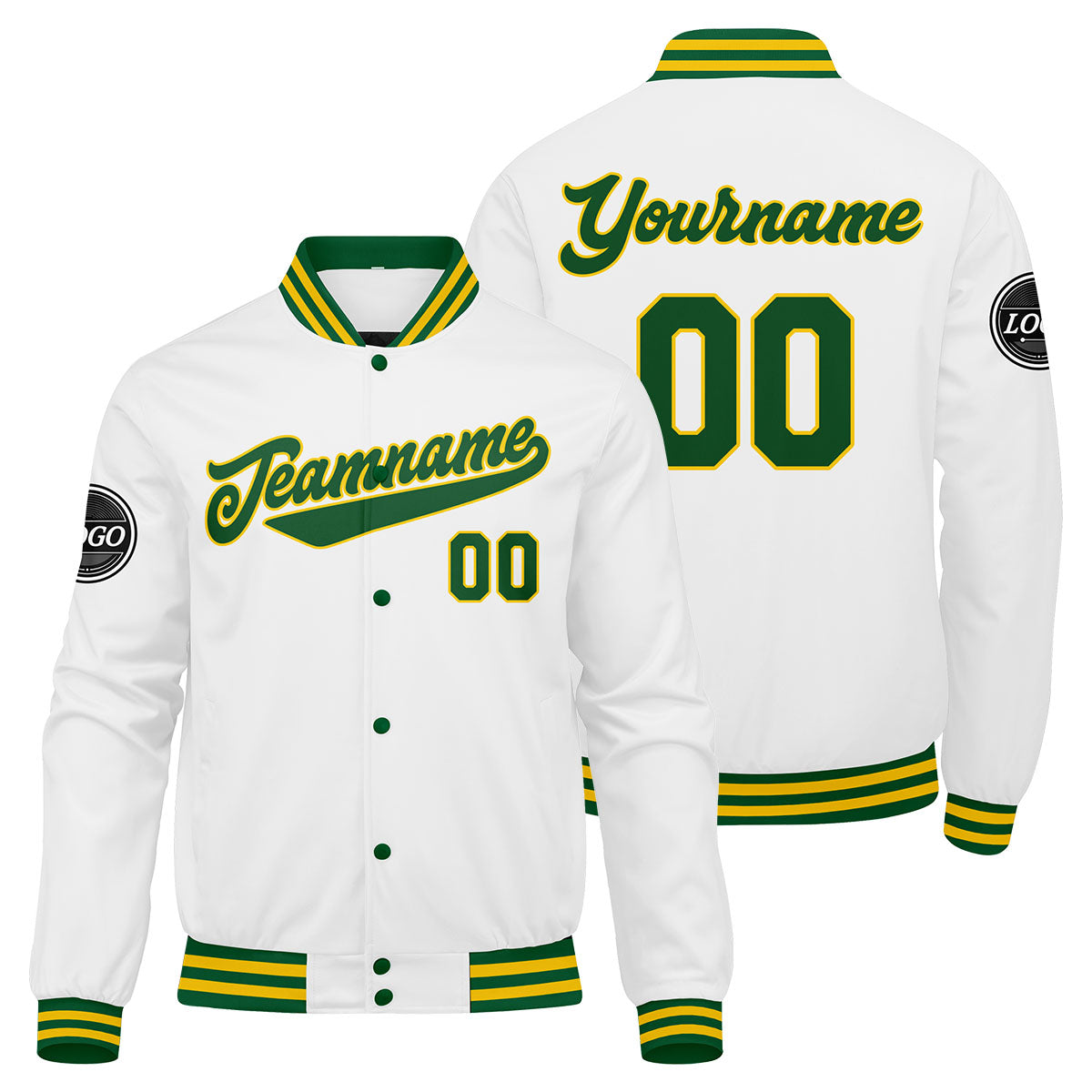 Chaqueta universitaria personalizada estilo Letterman para hombres-mujeres y jóvenes en colores verde-amarillo y blanco