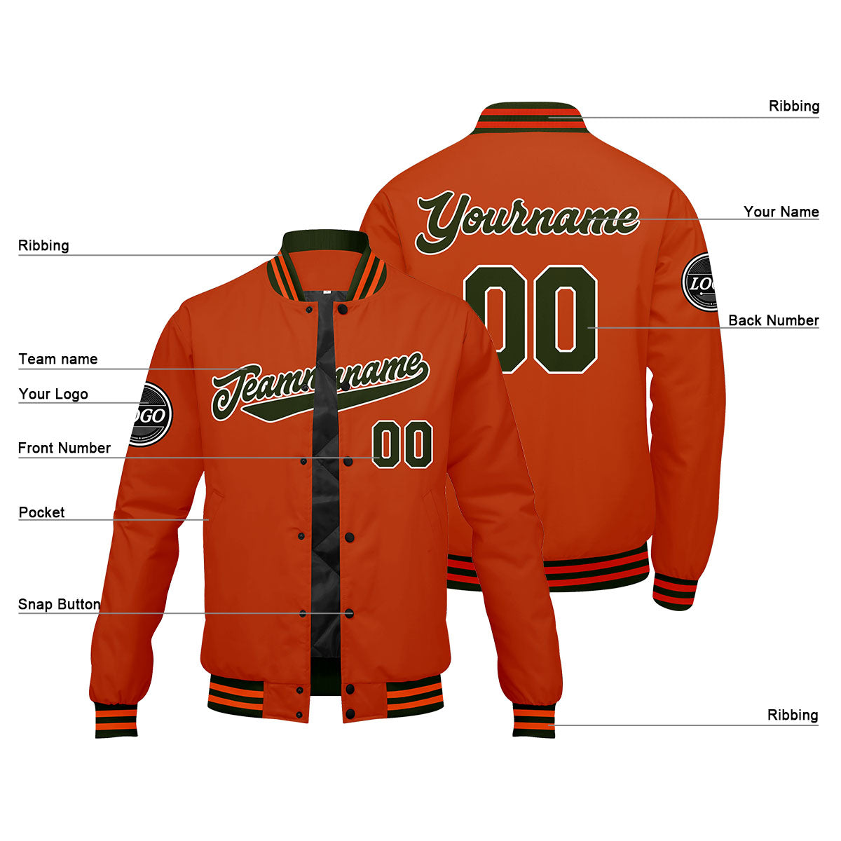 Chaqueta universitaria personalizada estilo Letterman para hombres-mujeres y jóvenes-color verde oliva y naranja