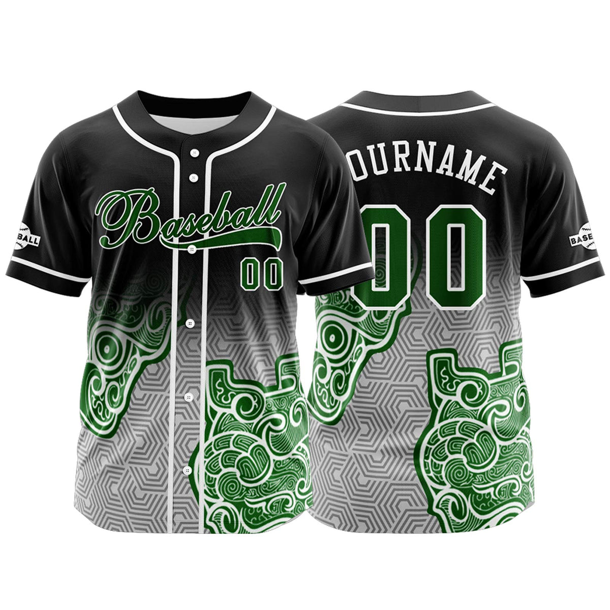Camiseta de béisbol personalizada negra y verde con botones para hombre mujer adulto y joven Estampado de nombre número y logotipo