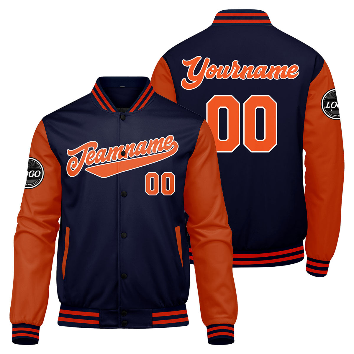 Chaqueta universitaria personalizada estilo Letterman para hombres-mujeres y jóvenes-color azul marino y naranja