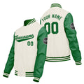 Chaquetas universitarias personalizadas en color crema & blanco y verde para hombres & mujeres y jóvenes & Chaquetas Letterman personalizadas