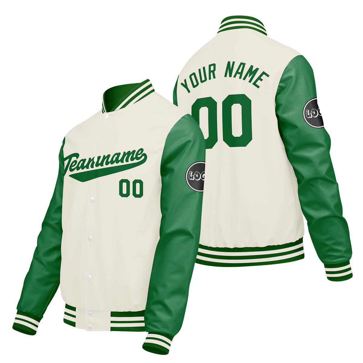 Chaquetas universitarias personalizadas en color crema & blanco y verde para hombres & mujeres y jóvenes & Chaquetas Letterman personalizadas