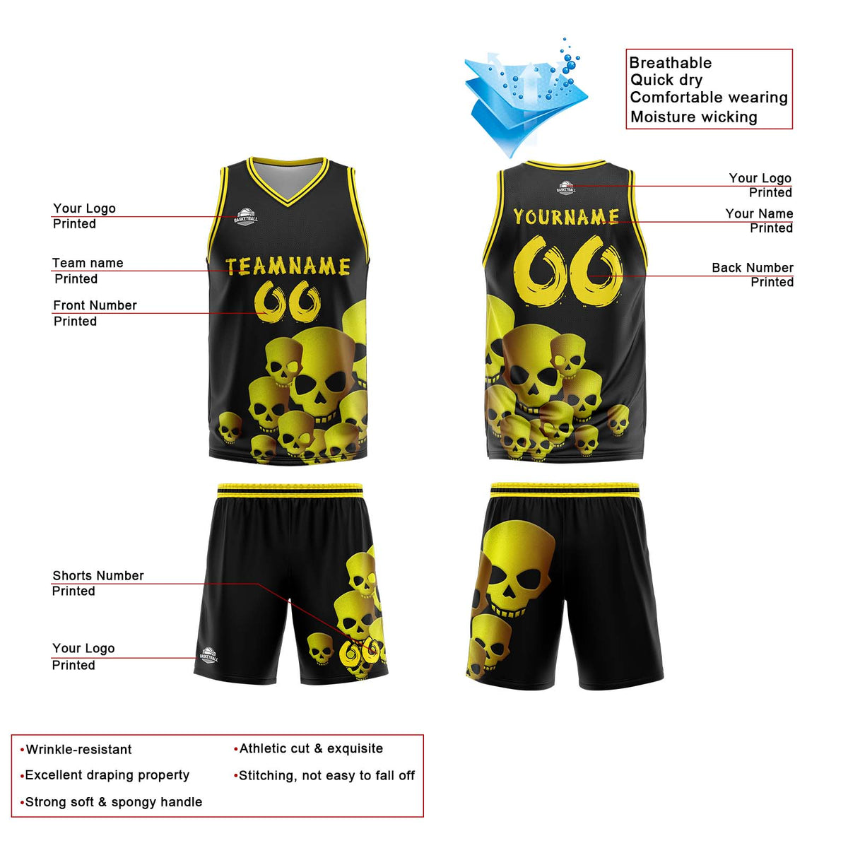 Uniforme de baloncesto personalizado color amarillo fluido con tu logotipo-nombre y número impresos