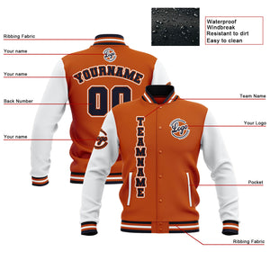 Chaquetas universitarias impermeables personalizadas en naranja-blanco y azul marino con nombre-número y logotipo bordados a medida