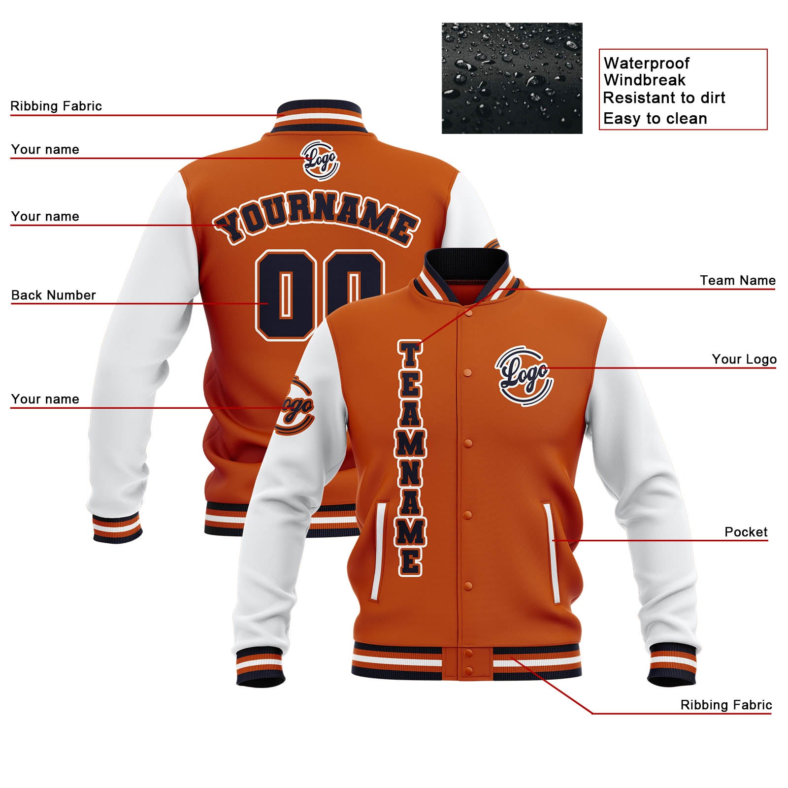 Chaquetas universitarias impermeables personalizadas en naranja-blanco y azul marino con nombre-número y logotipo bordados a medida