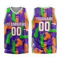 Uniforme de baloncesto personalizado de geometría púrpura y naranja con tu logotipo-nombre y número impresos