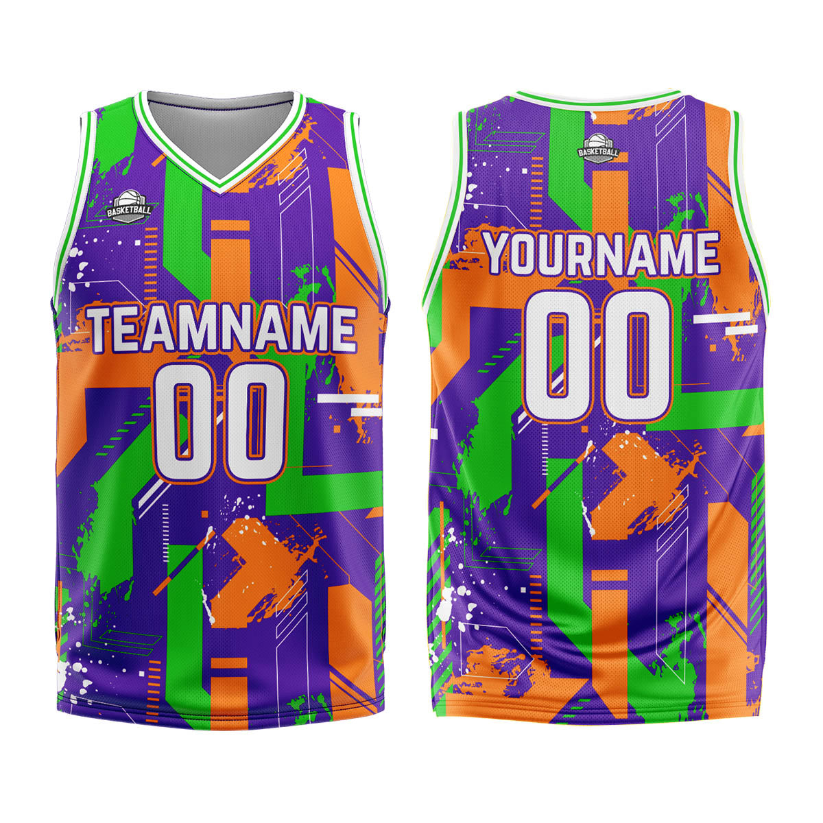 Uniforme de baloncesto personalizado de geometría púrpura y naranja con tu logotipo-nombre y número impresos