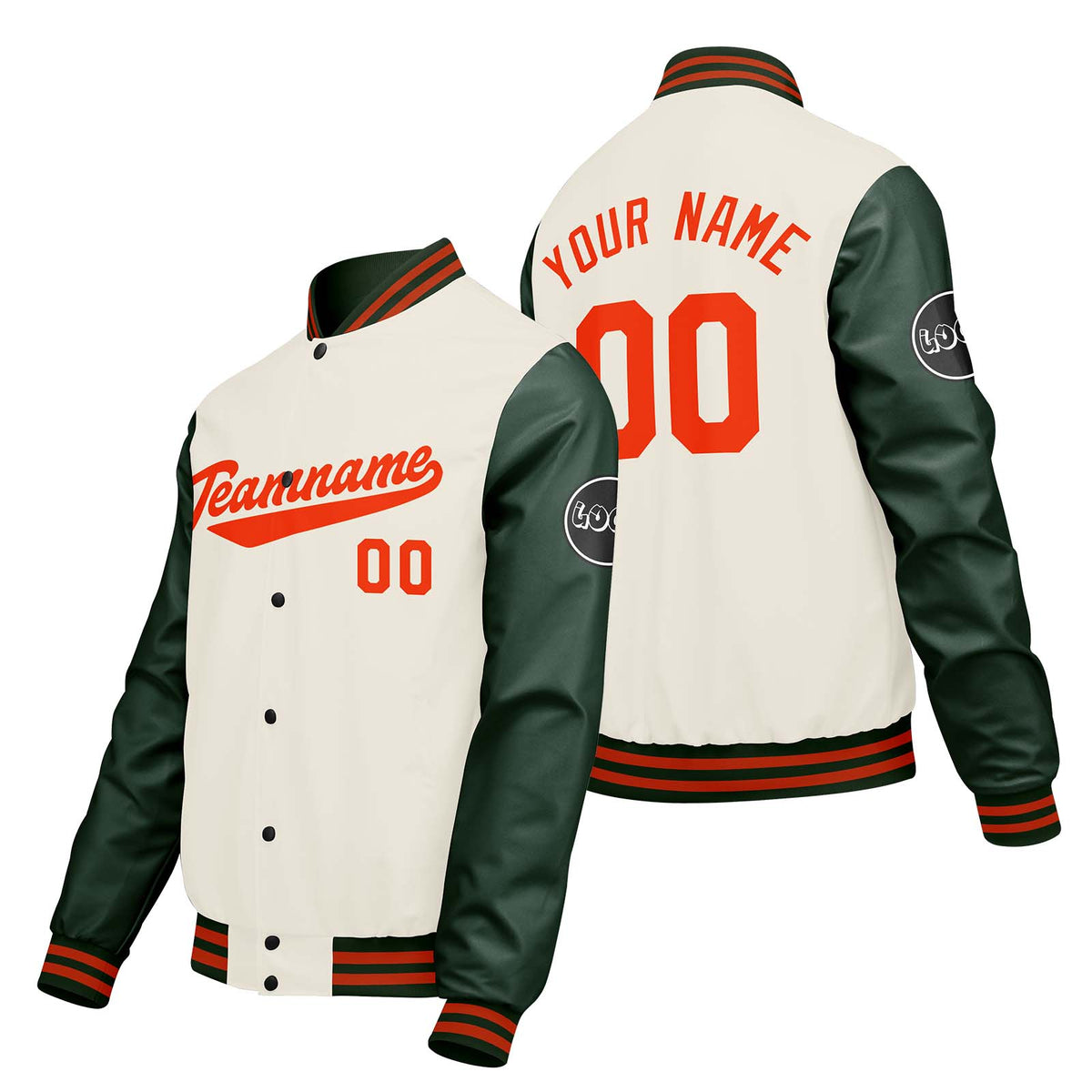 Chaquetas universitarias personalizadas en color crema & blanco y verde para hombres & mujeres y jóvenes & Chaquetas Letterman personalizadas