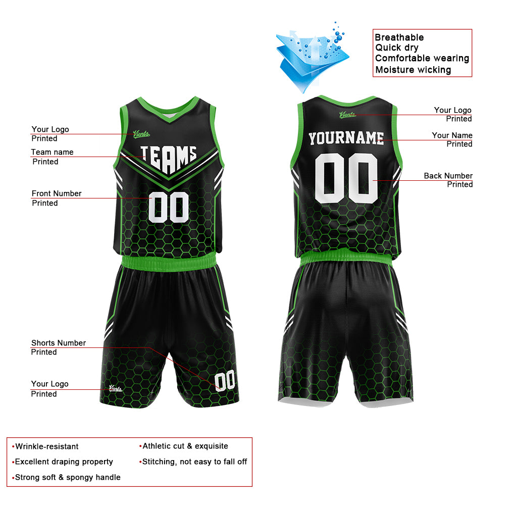 Uniforme de baloncesto personalizado negro y verde neón con tu logotipo-nombre y número impresos
