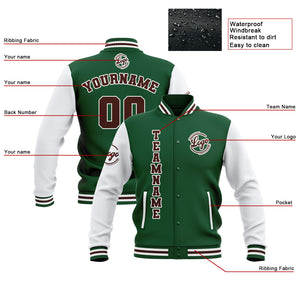 Chaquetas universitarias impermeables personalizadas en verde-blanco y marrón con nombre-número y logotipo bordados