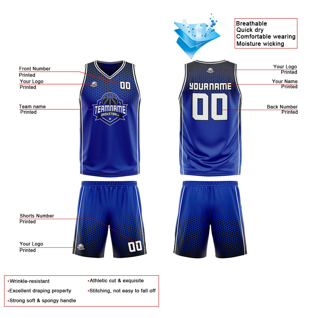 Traje de baloncesto reversible azul-negro y blanco personalizado para adultos y niños