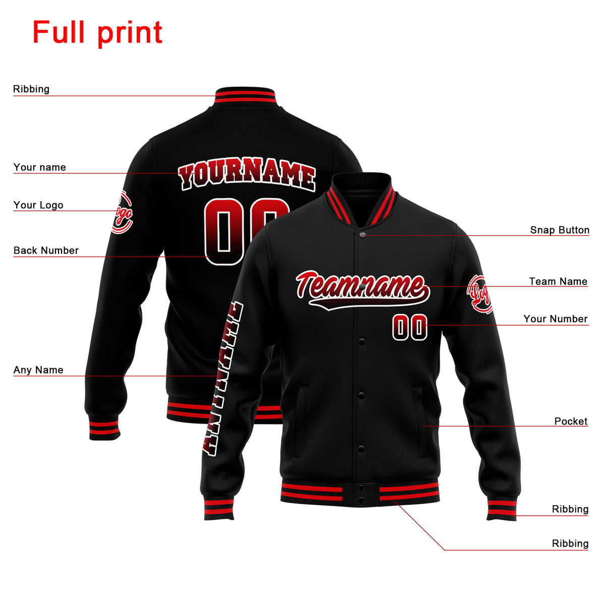 Chaqueta universitaria personalizada estilo Letterman para hombres-mujeres y jóvenes-color negro y rojo