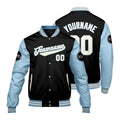 Chaquetas universitarias personalizadas en negro y azul claro para hombres & mujeres y jóvenes & Chaquetas Letterman personalizadas