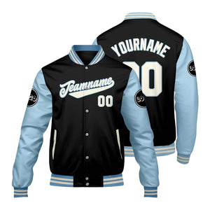 Chaquetas universitarias personalizadas en negro y azul claro para hombres & mujeres y jóvenes & Chaquetas Letterman personalizadas