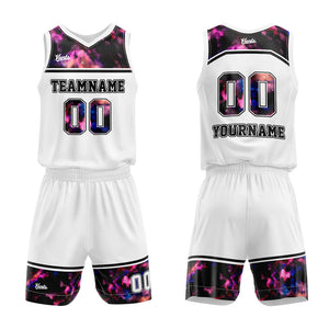 Uniforme de baloncesto personalizado con estampado de cielo estrellado blanco y logotipo impreso con tu nombre y número