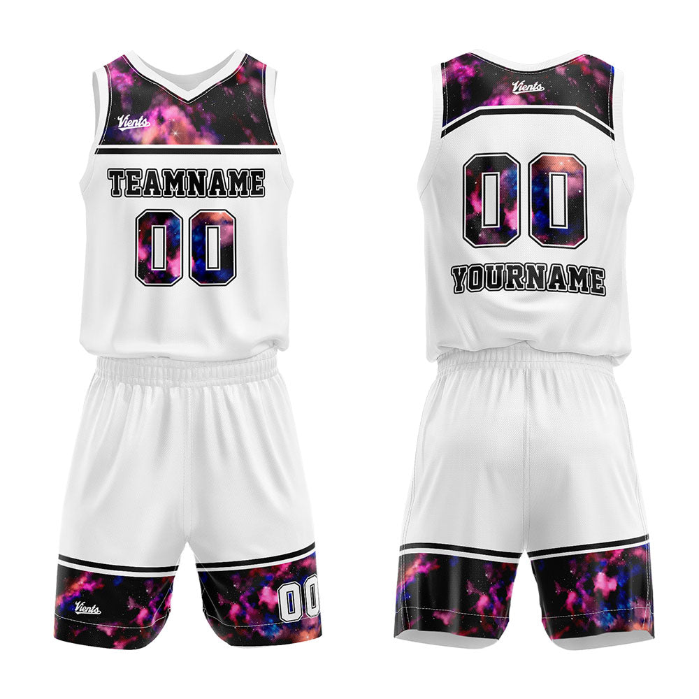 Uniforme de baloncesto personalizado con estampado de cielo estrellado blanco y logotipo impreso con tu nombre y número