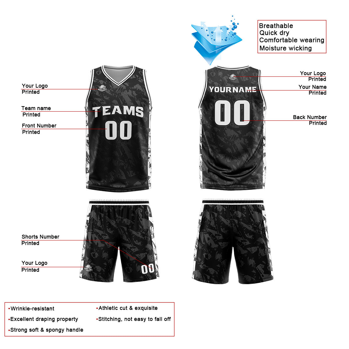 Uniforme de baloncesto personalizado negro y gris roto con tu logotipo-nombre y número impresos