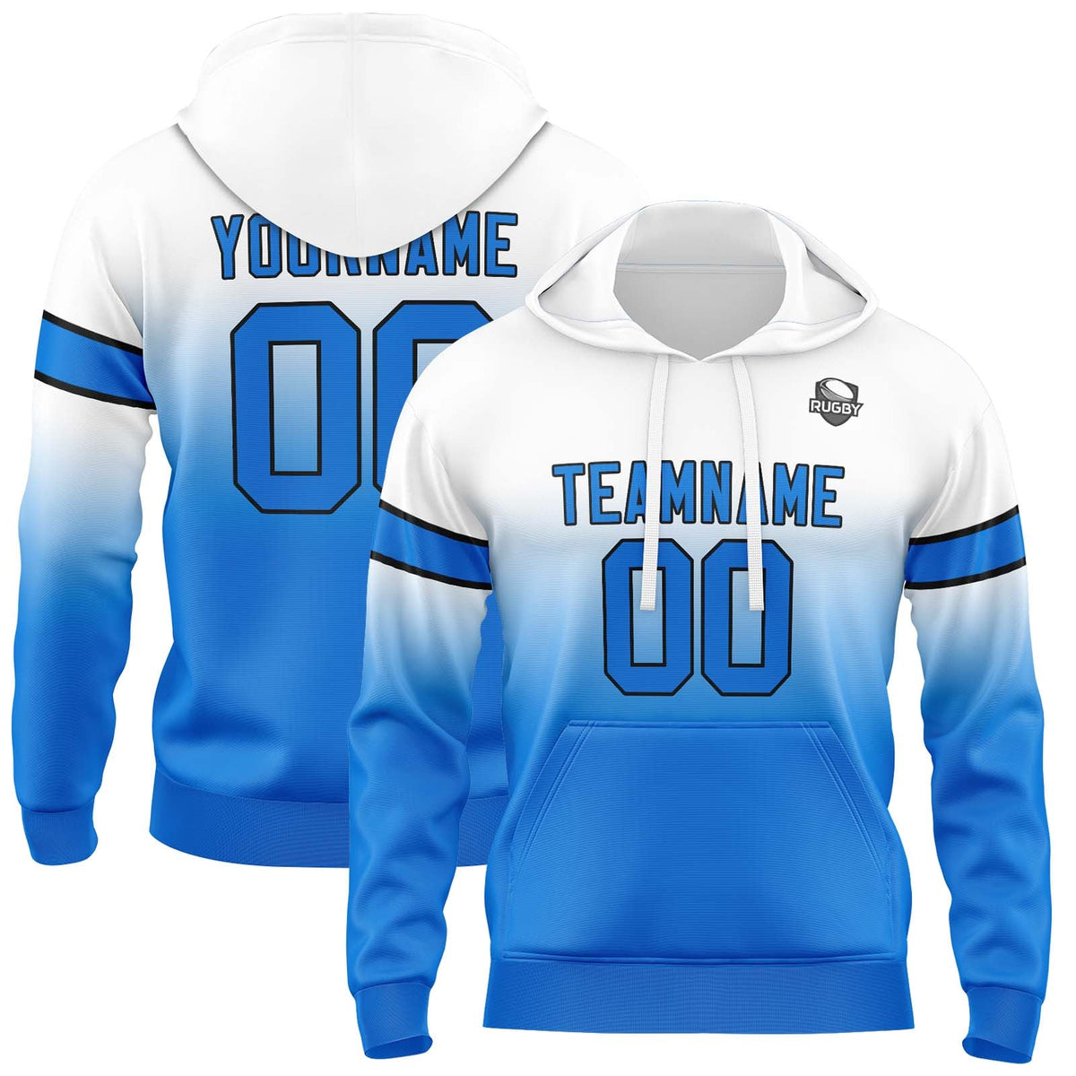 Sudadera con capucha personalizada con degradado para hombre-mujer-niña o niño Estampa tu logotipo-nombre y número en blanco y azul