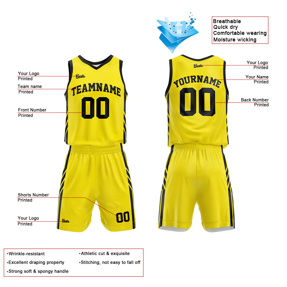 Uniforme de baloncesto personalizado amarillo y negro con tu logotipo-nombre y número impresos