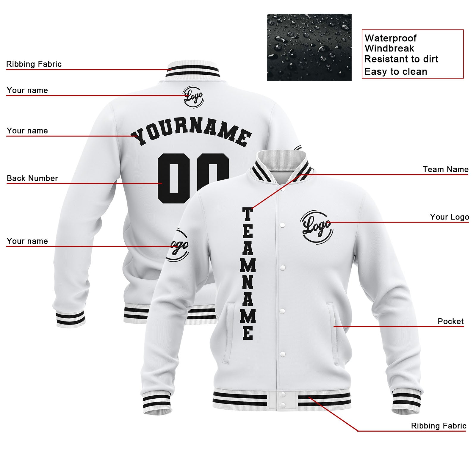 Chaquetas universitarias blancas impermeables personalizadas con nombre-número y logotipo bordados a medida