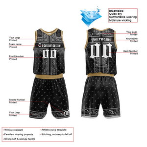 Uniforme de baloncesto personalizado en negro y dorado con tu logotipo-nombre y número impresos