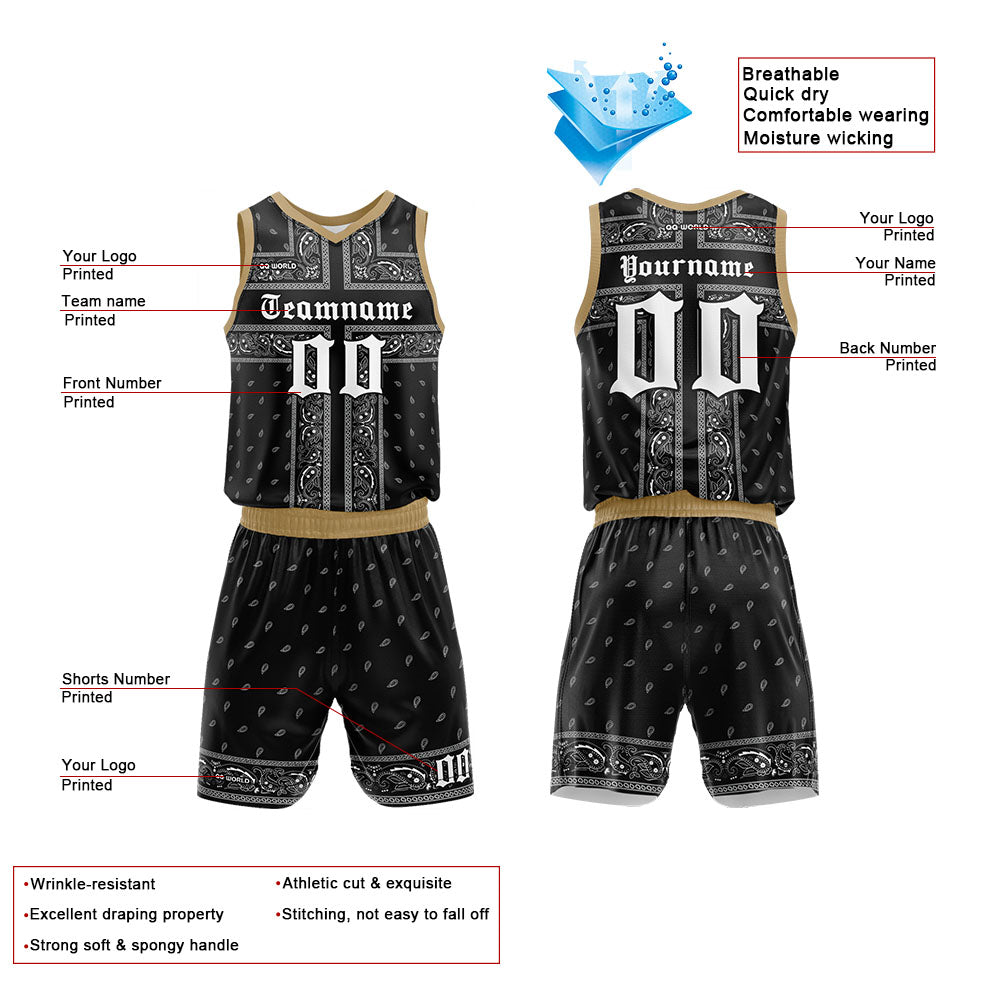 Uniforme de baloncesto personalizado en negro y dorado con tu logotipo-nombre y número impresos