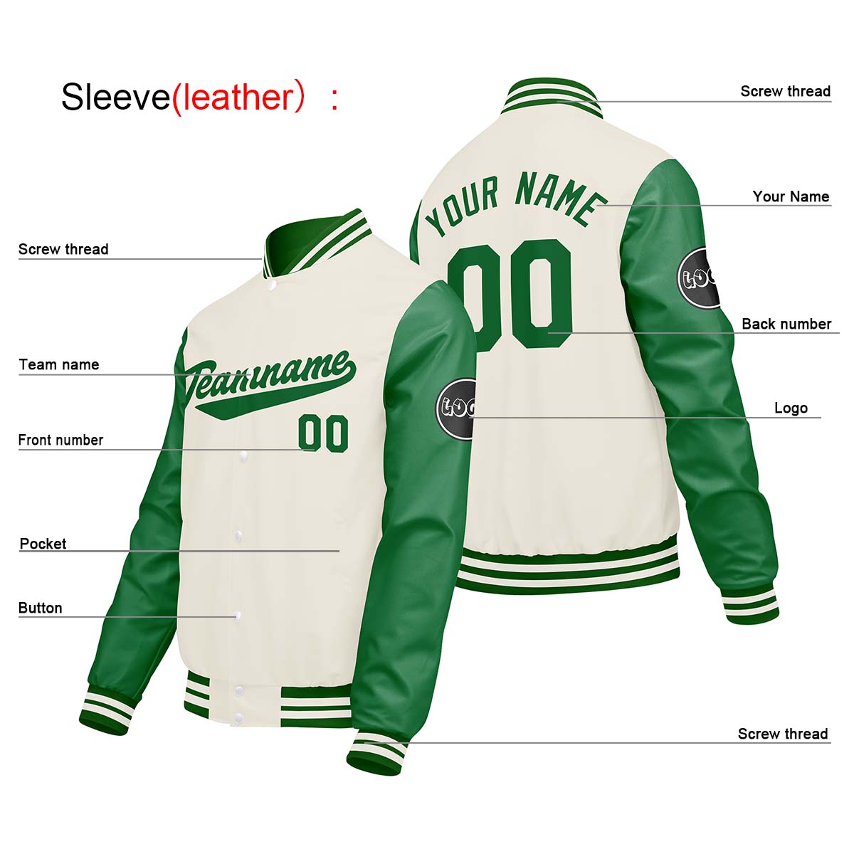 Chaquetas universitarias personalizadas en color crema & blanco y verde para hombres & mujeres y jóvenes & Chaquetas Letterman personalizadas