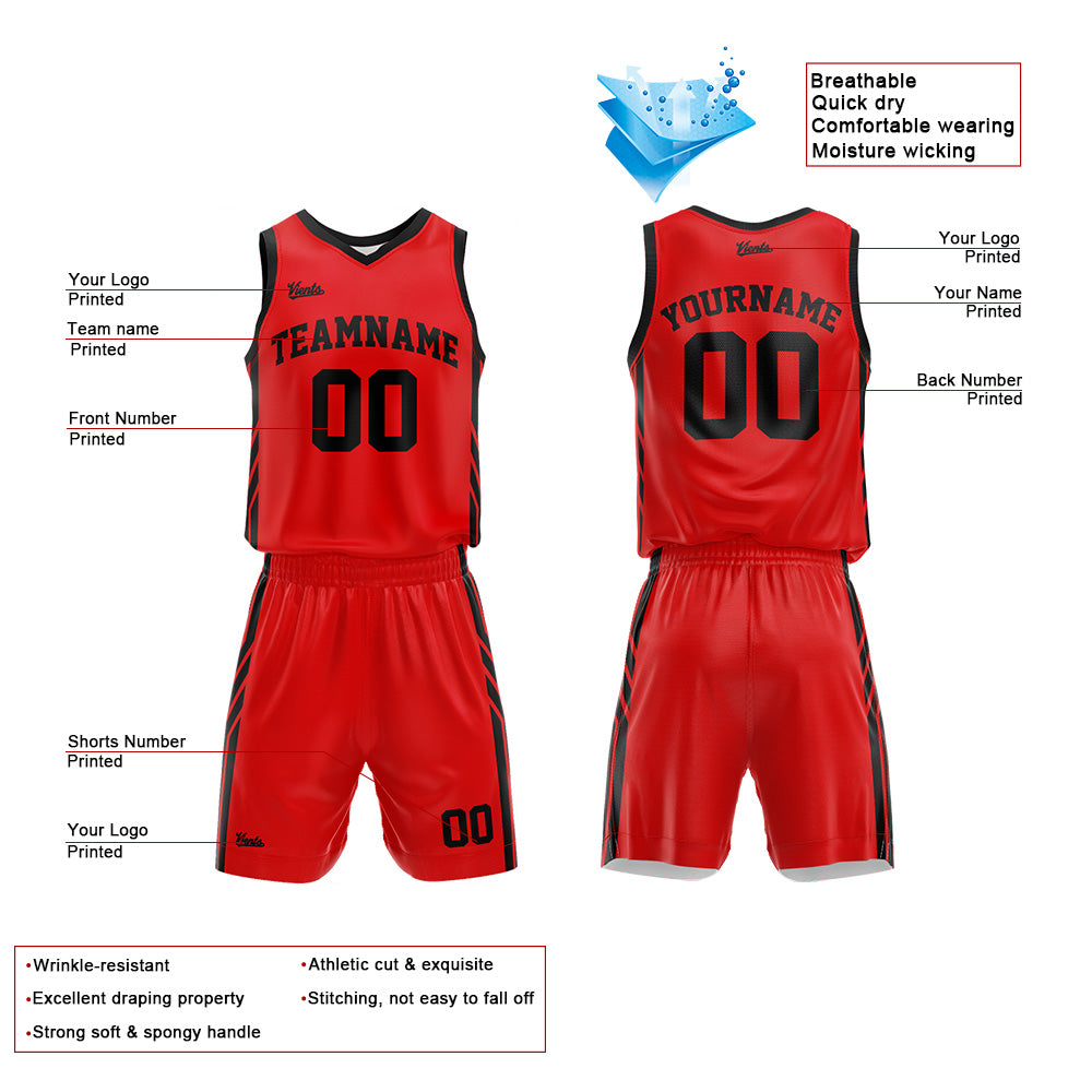 Uniforme de baloncesto personalizado rojo y negro con tu logotipo-nombre y número impresos