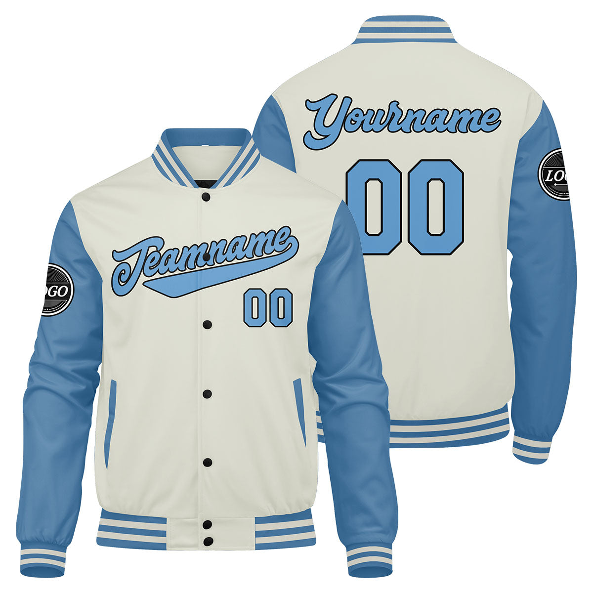 Chaqueta universitaria personalizada estilo Letterman para hombres-mujeres y jóvenes-color azul claro y crema