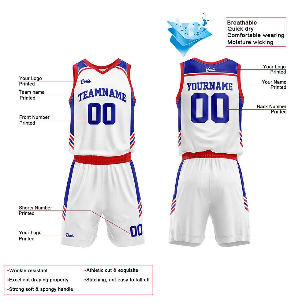 Uniforme de baloncesto personalizado blanco y rojo real con su logotipo-nombre y número impresos