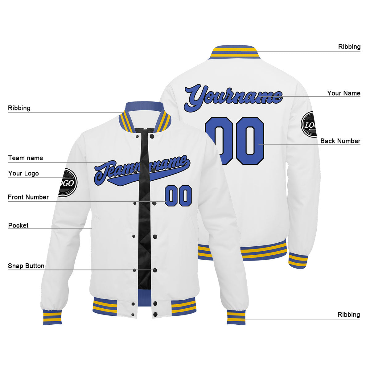 Chaqueta universitaria personalizada estilo Letterman para hombres-mujeres y jóvenes-color blanco y azul
