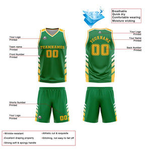 Traje de baloncesto reversible personalizado verde-blanco y amarillo para adultos y niños