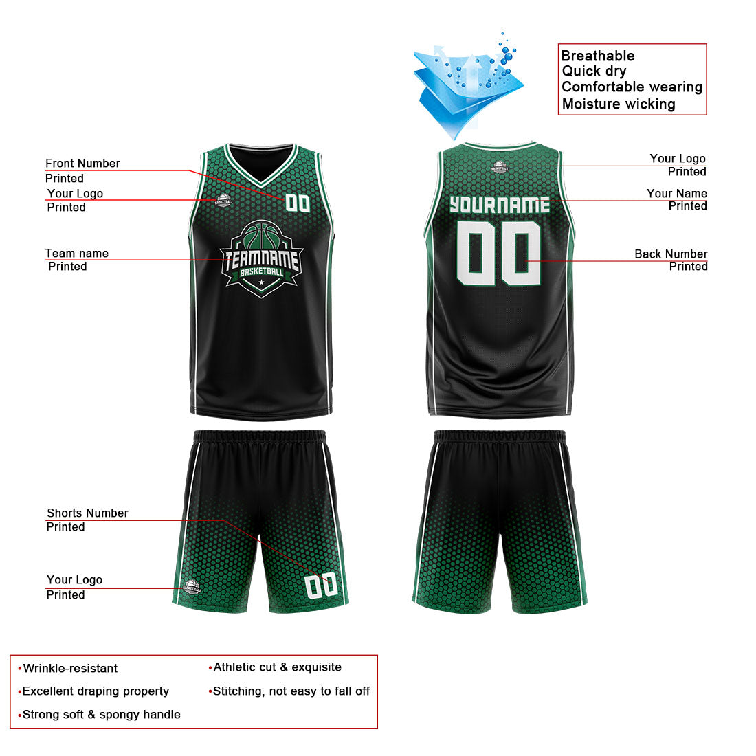 Traje de baloncesto reversible personalizado en negro-verde y blanco para adultos y niños