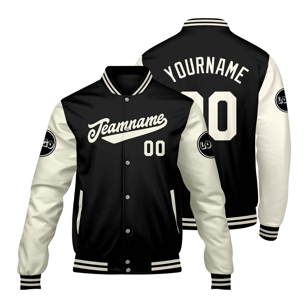 Chaquetas universitarias personalizadas en negro & crema y blanco para hombres & mujeres y jóvenes & Chaquetas Letterman personalizadas